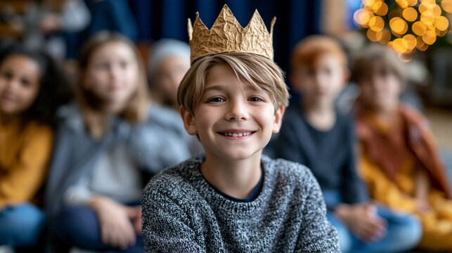 A drama class of elementary students rehearsing a spring play on a small gymnasium stage, one child center stage in a paper crown, classmates in mismatched costumes waiting in the wings, ideal for p