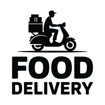 Food delivery silhouette with scooter and text on white background
