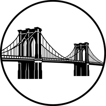 a high-quality black and white vector illustration of Brooklyn Bridge in United States new york placed perfectly inside a centered circular badge frame black and white art on white background 