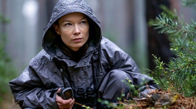 A lone ornithologist in rain gear crouches over a fallen warbler on a woodland trail, handheld GPS device and binoculars hanging from her neck, misty forest canopy diffusing soft silver morning ligh