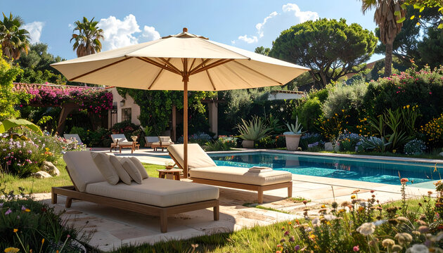 Luxury Outdoor Oasis with Swimming Pool and Lounge Chairs.