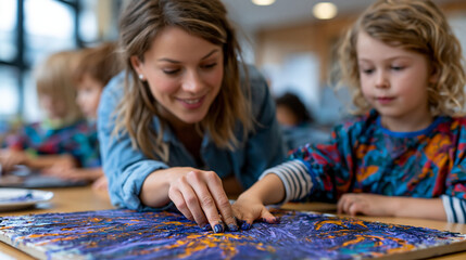 Fototapeta premium A primary school art room buzzing with small hands pressing paint-covered palms onto a giant shared canvas, a teacher crouching to guide a hesitant student, colorful smocks and joyful mess everywher