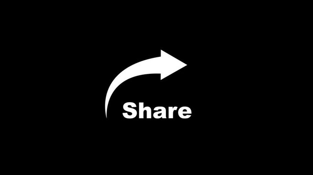 Share arrow sign with writing share icon animation on black background.Share icon.