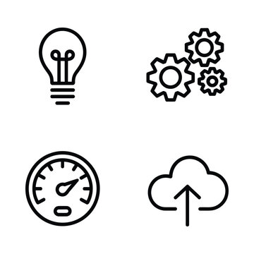Four linear icons lightbulb gears speedometer and cloud with upload arrow