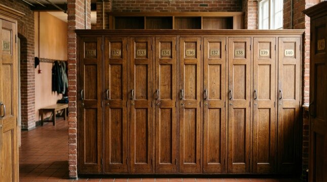 Wooden lockers in a hallway, vintage design, aged, indoors, school, college.