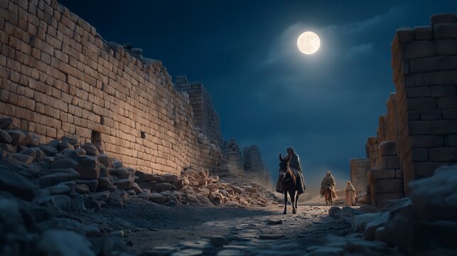 Biblical story, Nehemiah rides quietly through Jerusalem&rsquo;s ruins at night, surveying broken walls under moonlight as silent companions follow, revealing a vision of restoration rising from devastation