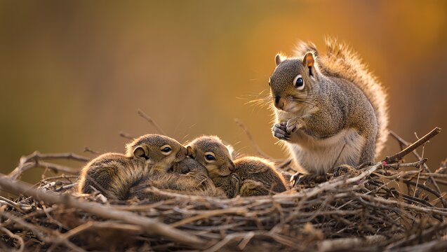 Mother squirrel with newborn babies in nest, wildlife parenting
