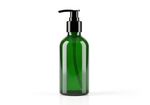 Green glass pump bottle with black dispenser for cosmetic or soap products isolated on white