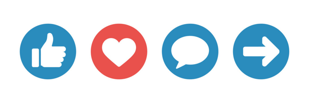 Social Media Reaction Icon Set, Like Comment Share Buttons with Emoji Style Thumbs Up and Heart Icons in Flat Vector Design