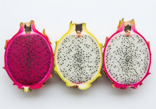 three fresh dragon fruit halves on pink background closeup