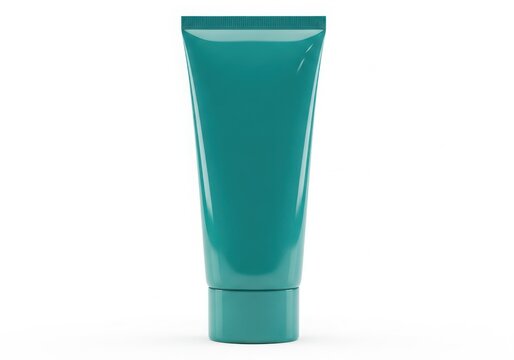 Teal colored cosmetic tube with cap against a clean white background