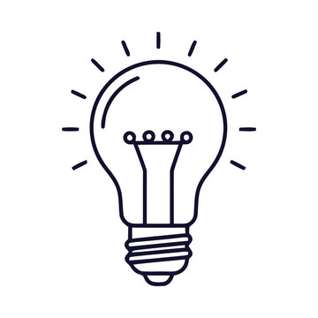 A simple line drawing depicts a glowing light bulb on a white background.
