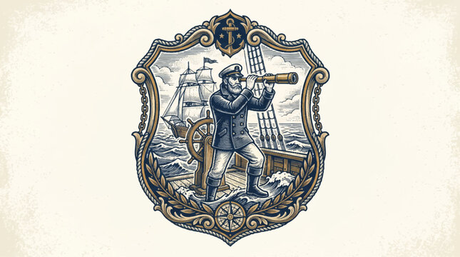 Vintage nautical illustration featuring a sailor and ship on emblem