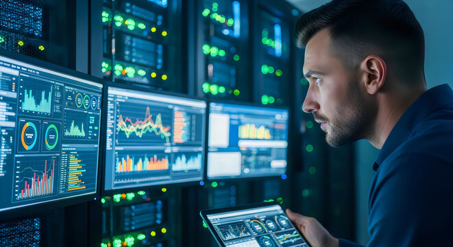 professional trader analyzing financial stock charts on multiple monitors in dark office
