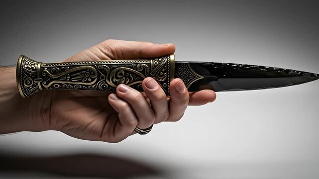 Hand holding an ornate antique dagger with a sharp, pointed blade.
