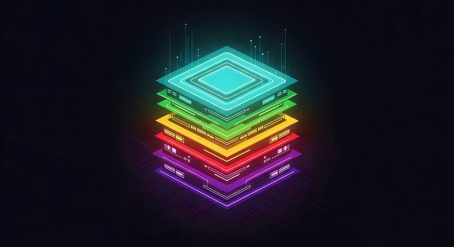 futuristic neon ai chip stack with glowing circuit layers and digital data flow