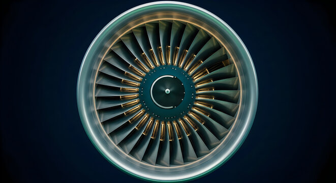 close-up metallic jet engine turbine with radial blades on dark background