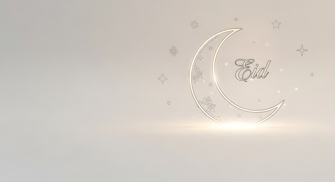 Glowing crescent moon, Eid Mubarak greeting, Ramadan background, lunar illustration, festive design element