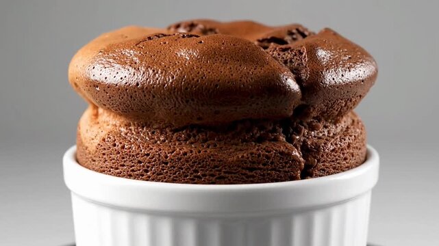 A rich chocolate souffle presented in a white ramekin.