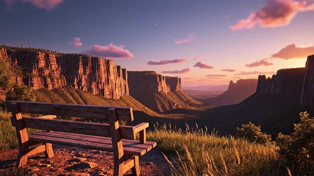 Wooden bench overlooking majestic canyon landscape at sunset