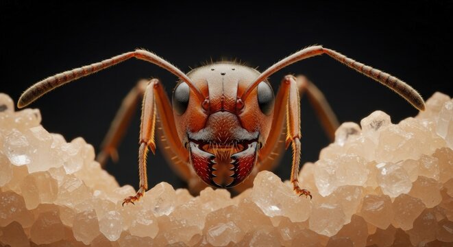 Red ant face extreme macro on sugar crystals, detailed mandibles