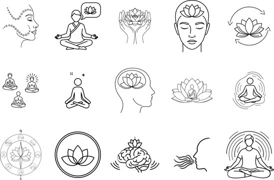 Yoga meditation and mindfulness line icons set
