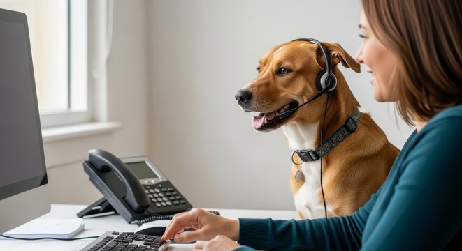 A charming dog wearing a headset works as a customer service representative at a desk with a computer and phone.