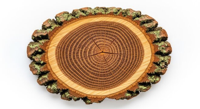 A detailed top-down view of a rustic tree trunk slice showcasing natural growth rings, rough bark edges, and organic wood grain textures, layer, forest, timber
