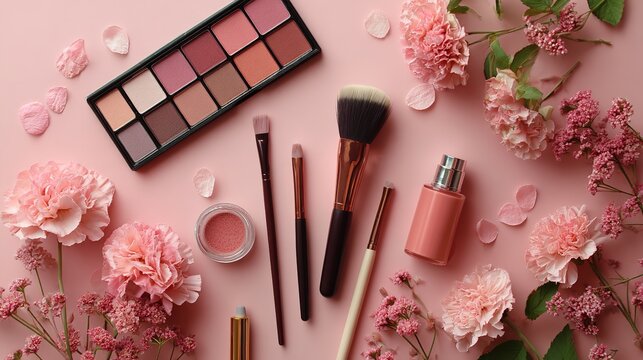 Elegant collection of makeup and beauty products arranged with delicate pink flowers, perfect for feminine lifestyle themes.