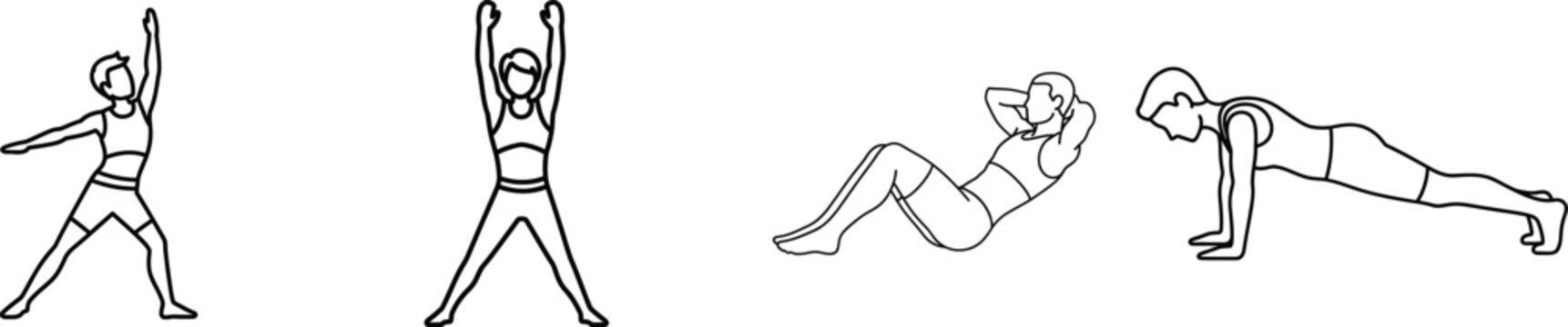 People doing fitness exercise poses line art illustration Vector