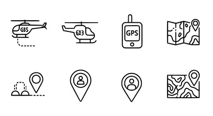Navigation and GPS location vector icon set featuring helicopters, topographic maps, handheld trackers, and user pin pointers in a clean black and white line art style. © Sukhi