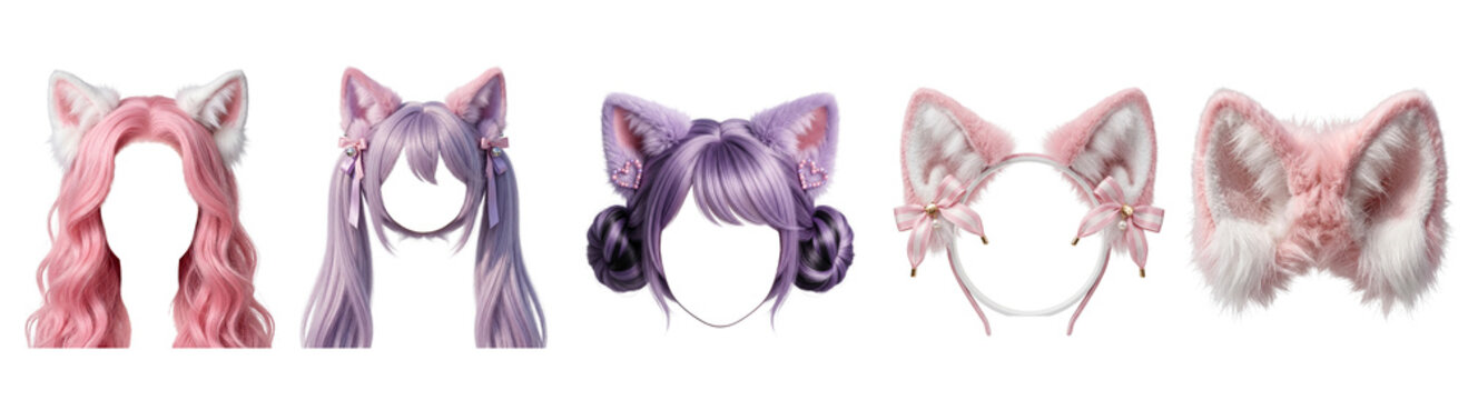kawaii cat ears png, Collection of colorful cat ear hair accessories on transparent background