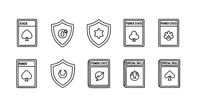 Gaming fantasy trading card vector icons featuring ability shields, power stats, special skill cards, and magical attribute symbols in a clean black and white line art style.
