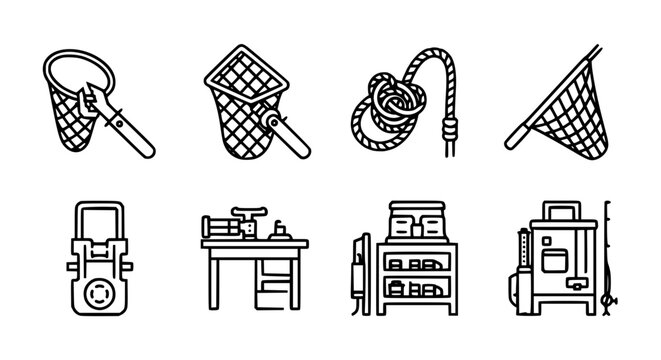Comprehensive fishing and workshop equipment vector icons featuring landing nets, ropes, tackle boxes, and workbench tools in a professional black and white line art style.