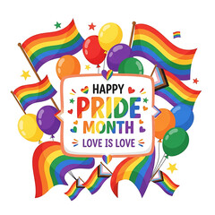 Fototapeta premium Happy pride month celebration background with rainbow flags and colorful balloons