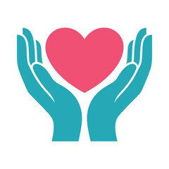 Fototapeta premium Hands holding heart shape flat vector illustration with turquoise and red