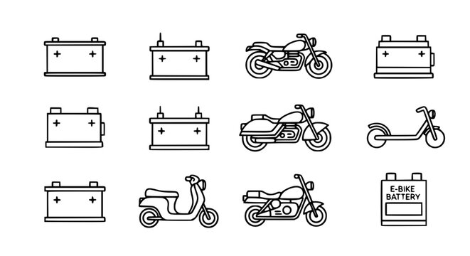 Automotive and electric vehicle battery icon set featuring car batteries motorcycle scooter and e-bike battery symbols for power supply and transportation maintenance infographics.