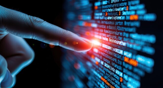Human finger touching glowing blue digital data stream interface representing abstract modern code.