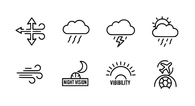 Weather forecast and atmospheric condition icon set featuring wind direction rain thunderstorm visibility night vision and aviation weather symbols for meteorology and travel navigation infographics.