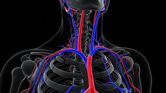Close-up view of the human neck's vascular system, showing arteries and veins.