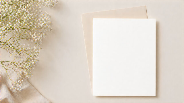 Blank white greeting card and envelope with babys breath flowers on beige background
