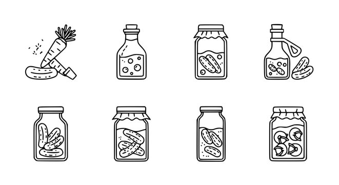 Pickled vegetables and glass jar icon set featuring fermented cucumbers carrots and onions in vinegar brine for home food preservation and organic canning infographics.