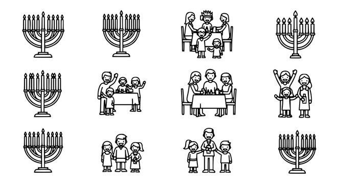 Hanukkah celebration icon set featuring traditional menorah with candles jewish family gathering for holiday dinner and festive prayers for chanukah religious tradition infographics.