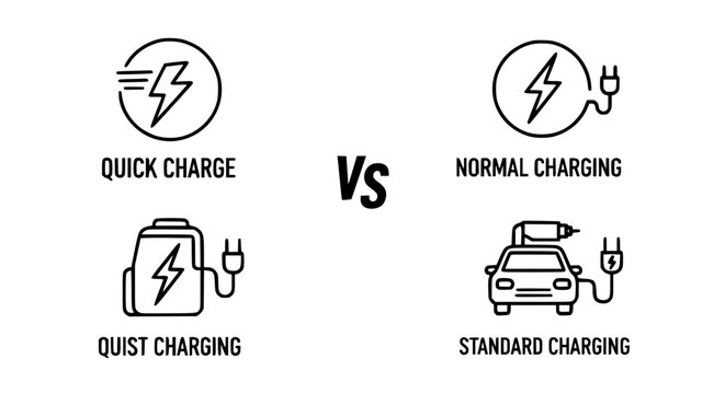 Quick charge versus normal charging icon set featuring electric car battery power bolt and plug symbols for technology comparison and automotive energy infographics.
