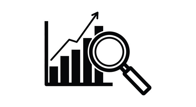 Business graph with magnifying glass data analysis and growth black silhouette high quality