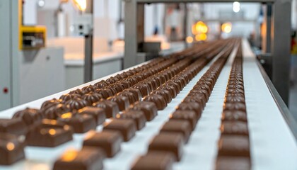 Fototapeta premium Automated chocolate factory line with rows of uniform chocolates moving on conveyor belts, showcasing precision and efficiency in mass production.
