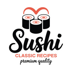 Sushi rolls illustration with red topping and text on white background © MDMINTU