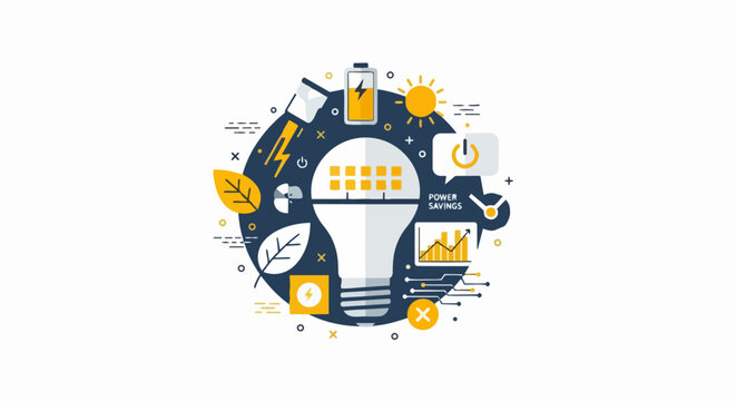 Energy Efficiency and Sustainable Power Savings Concept Illustration with LED Bulb and Green Energy Icons
