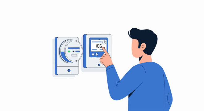 Flat Vector Illustration of a Man Checking Digital Electric Meter for Energy Consumption and Home Utility Management