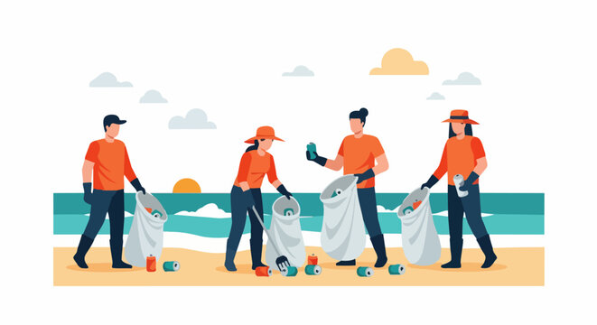 Group of Volunteers Cleaning Up Trash and Plastic Cans on a Beach, Environmental Protection Concept Flat Vector Illustration